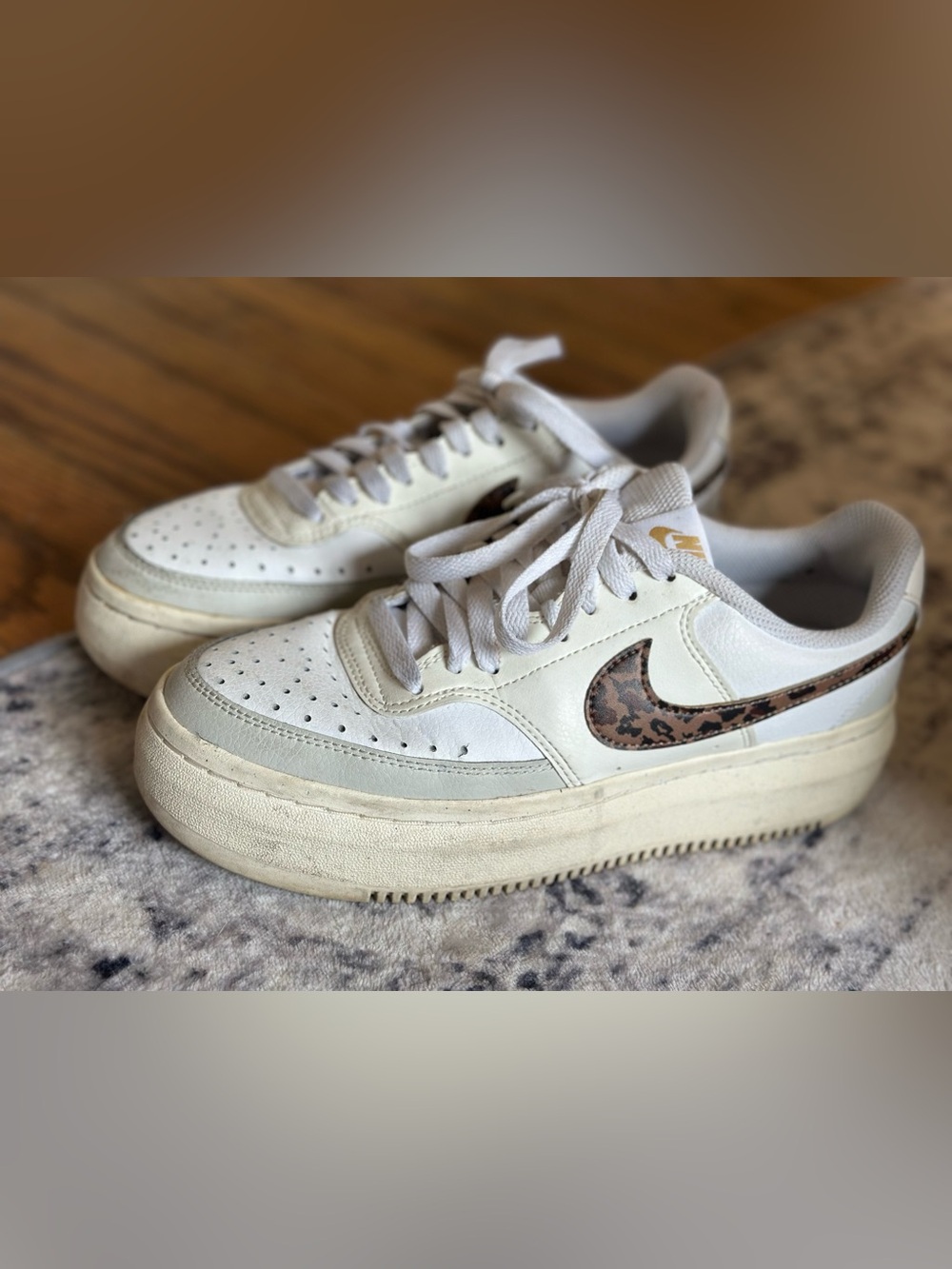 Nike Women’s Cream White Sneakers with Leopard Swoosh